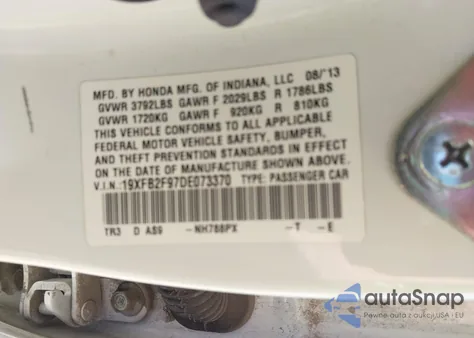 2013 Honda Civic Ex-L z USA, uszkodzony, nr VIN 19XFB2F97DE073370